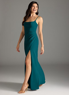 Azazie Rhoda Final Sale Peacock Sheath Pleated Stretch Crepe Dress image4