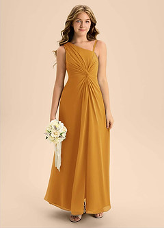 Azazie Brooke Junior Robe Trapèze en Mousseline de soie Fente Latérale Caramel écossais image1