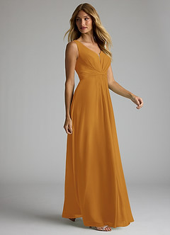 Azazie Gina Bridesmaid Dresses Butterscotch A-Line V-Neck Pleated Chiffon Dress image4
