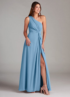 Azazie Brooke Vestidos de madrinha de casamento Vestir Aço Azul de Chiffon de Linha A com Um ombro image4