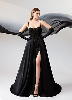 Azazie Esmeray Wedding Dresses Black Nude A-Line Sequins Stretch Satin Dress image4
