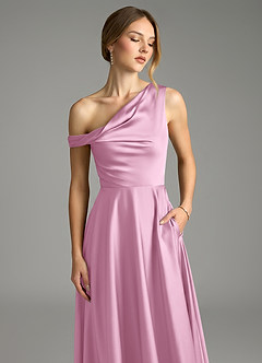 Azazie Xanthe Bridesmaid Dresses Candy Pink A-Line Off the Shoulder Stretch Satin Dress image5