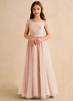 Azazie Yuna Girls Formal Jurken voor bloemenmeisjes A-Lijn Jurk van Tule Off the Shoulder Engelse Roos image4