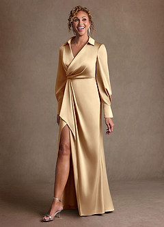 Azazie Jacinta 신부의 어머니 드레스 쉬스 주름진 스트레치 새틴 플로어 길이 드레스 image2