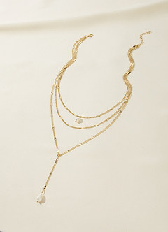 front Layered Chain and Pearl Lariat Necklace