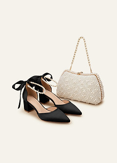 Matching Color Matte Satin Pearl and Bow Pointed Toe Block Heels & Beaded Clutch Set