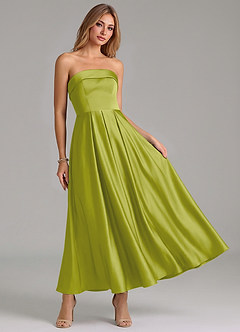 Azazie Lucienne Bridesmaid Dresses Lemongrass A-Line Pleated Stretch Satin Dress image7