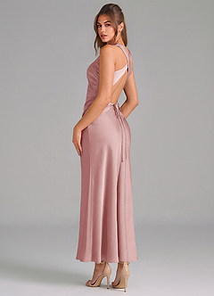 Azazie Evadne 신부 들러리 드레스 쉬스 주름진 스트레치 새틴 발목 길이 드레스 image2