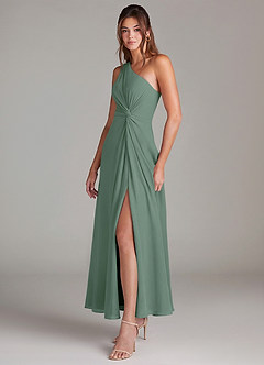 Azazie Brooke Vestidos de damas de honor Vestido de Eucalipto de Gasa de Corte en A con Hombro unilateral image3