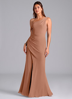 Azazie Madelyn Jurken voor bruidsmeisjes Converteerbaar Jurk van Chiffon met Zeemeermin One-shoulder Bronzeertint image4