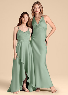 Azazie Prisha Junior Abito A-Line in Raso Elasticizzato Plissettato Matcha image3