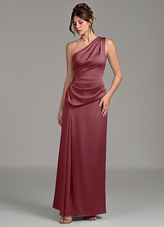 Azazie Zahira Robes de demoiselle d'honneur Robe Fourreau en Satin extensible Une épaule Rose Du Désert image5