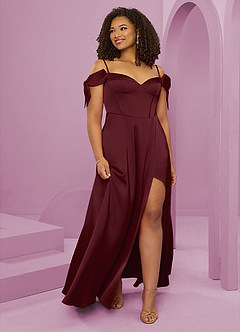 Barbie ♥ Azazie Bridesmaid Dresses Cabernet A-Line Off the Shoulder Stretch Satin Dress image10