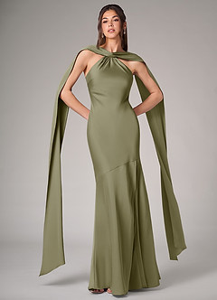 Azazie Kinsley Robes de demoiselle d'honneur Robe Sirène en Satin extensible Fente Latérale Pistache image1