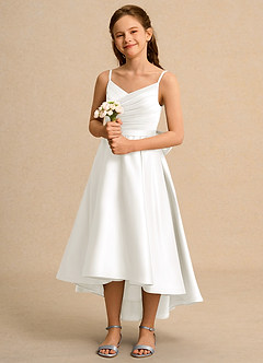 Azazie Sweets Girl Jurken voor bloemenmeisjes A-Lijn Jurk van Mat Satijn Geplooid Ivoor image1