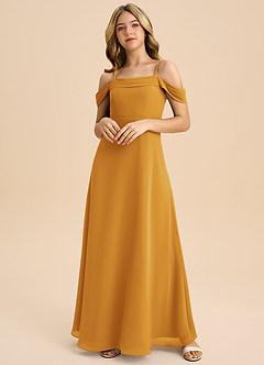 Azazie Anselie Junior Butterscotch A-Line Off the Shoulder Chiffon Dress image3