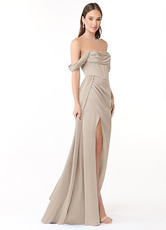 Azazie Amyra Bridesmaid Dresses Frost Sheath Off the Shoulder Stretch Satin Convertible Dress image4