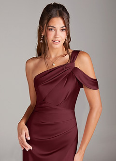 Azazie Wynter Bridesmaid Dresses Cabernet Sheath Off the Shoulder Stretch Satin Dress image5