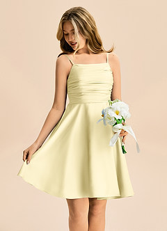 Azazie Miko Junior Vestido de Sorbete De Limón de Satén Elástico de Corte en A con Plisado image4