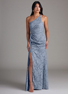 Azazie Mika Bridesmaid Dresses Dusty Blue Sheath One Shoulder Floral Burnout Dress image3