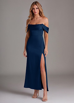 Azazie Saige Bridesmaid Dresses Dark Navy Mermaid Off the Shoulder Stretch Satin Dress image3