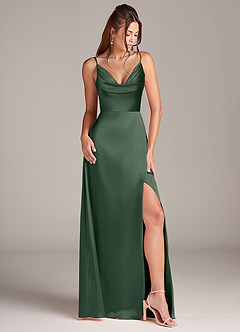 Azazie Sarella Bridesmaid Dresses Eucalyptus A-Line with Pockets Metallic Satin Dress image3