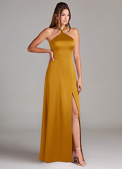 Azazie Elliana Bridesmaid Dresses Butterscotch A-Line Side Slit Stretch Satin Dress image3