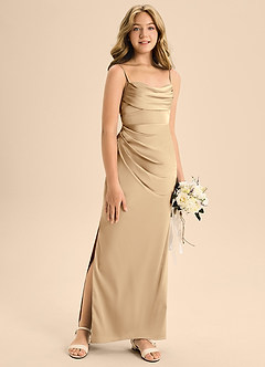 Azazie Mai Junior Vestido de Champán de Satén Elástico de Corte En A con Escote de Corazón image3