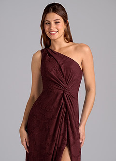 Azazie Brooke Bridesmaid Dresses Cabernet A-Line One Shoulder Floral Burnout Dress image6