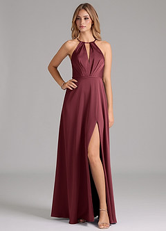 Azazie Evalleen Brautjungfernkleider A-Linie Plissee Stretch-Satin Kleid Merlot image1