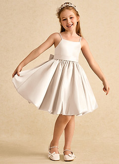 Azazie Davine Flower Girl Dresses White Alabaster A-Line Spaghetti Strap Matte Satin Dress image2
