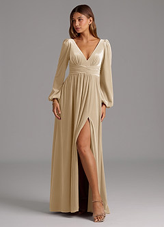 Azazie Norah Bridesmaid Dresses Champagne A-Line Long Sleeve Velvet Dress image1