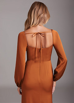 Azazie Charissa Bridesmaid Dresses Cinnamon Sheath Long Sleeve Stretch Satin Dress image2