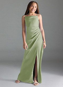 Azazie Leonis Junior Dusty Sage A-Line Pleated Stretch Satin Dress image1