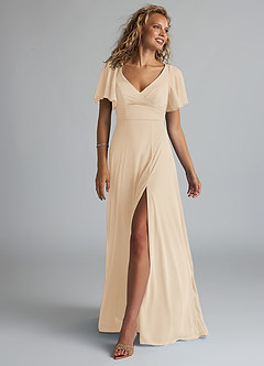 Azazie Induh Bridesmaid Dresses Champagne A-Line Flutter V-neck Mesh Dress image1