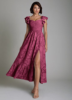 Azazie Anaya Bridesmaid Dresses Mulberry A-Line Ruched Floral Burnout Dress image1