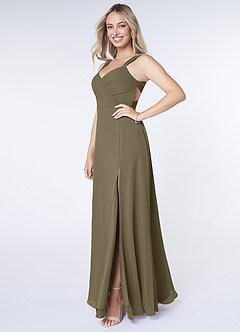Azazie Nahrin Vestidos de damas de honor Vestido de Verde Sauce de Gasa de Corte en A con Cuello en V Plisado image3