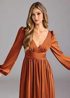 Azazie Norah Bridesmaid Dresses Cinnamon A-Line Stretch Satin Dress image5
