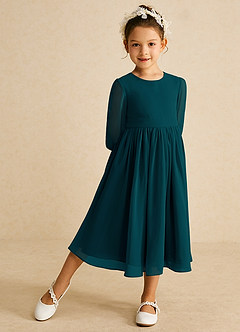 Azazie Lolo Robe Demoiselle D'honneur Fillette Robe Trapèze en Mousseline de soie avec manches Vert Pin image2