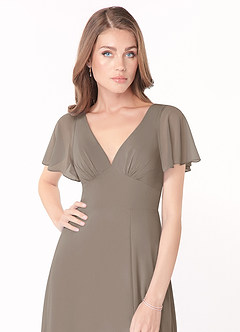 Azazie Kimber Bridesmaid Dresses Taupe A-Line Flounce Sleeve Chiffon Dress image8
