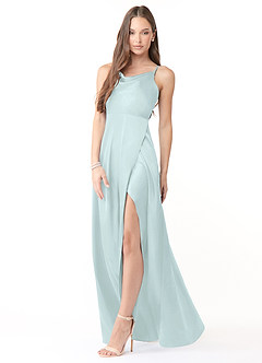 Azazie Naomie Bridesmaid Dresses Sea Glass A-Line Cowl Neckline Side Slit Stretch Satin Dress image4