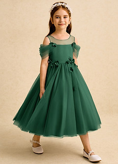Azazie Juni Flower Girl Dresses Dark Green Ball-Gown Pleated Tulle Dress image6