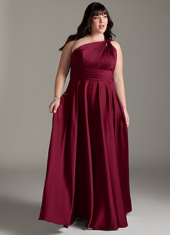 Azazie Charlize Bridesmaid Dresses Burgundy A-Line One Shoulder Stretch Satin Dress image11