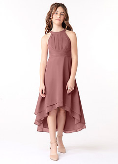 Azazie Linna Junior Vestido de Rosa Del Desierto de Gasa de Corte En A con Plisado image1