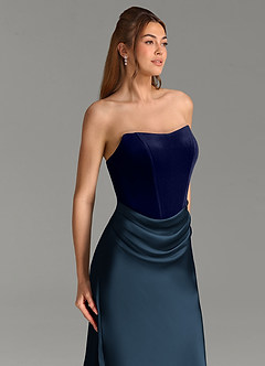 Azazie Morgan At-home Try On Dresses Dark Navy Mermaid Strapless Stretch Satin Dress image2