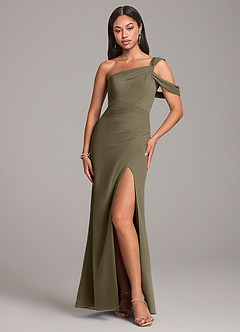 Azazie Wynter At-home Try On Dresses Dusty Blue Sheath Off the Shoulder Chiffon Dress image1