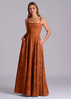 Azazie Shaude Bridesmaid Dresses Burnt Orange A-Line Pleated Floral Burnout Dress image1