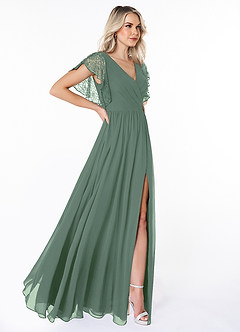 Azazie Zella Bridesmaid Dresses Eucalyptus A-Line Lace Chiffon Dress image4