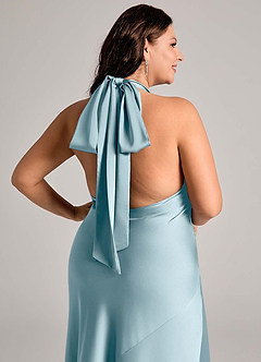 Azazie Velli Vestidos de damas de honor Vestido de Azul Malhumorado de Satén Elástico de Corte Sirena con Cuello Alto image11