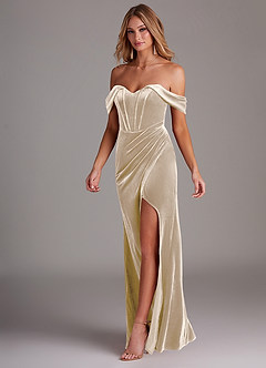 Azazie Jas Bridesmaid Dresses Champagne Sheath Off-The-Shoulder Corset Velvet Convertible Dress image3